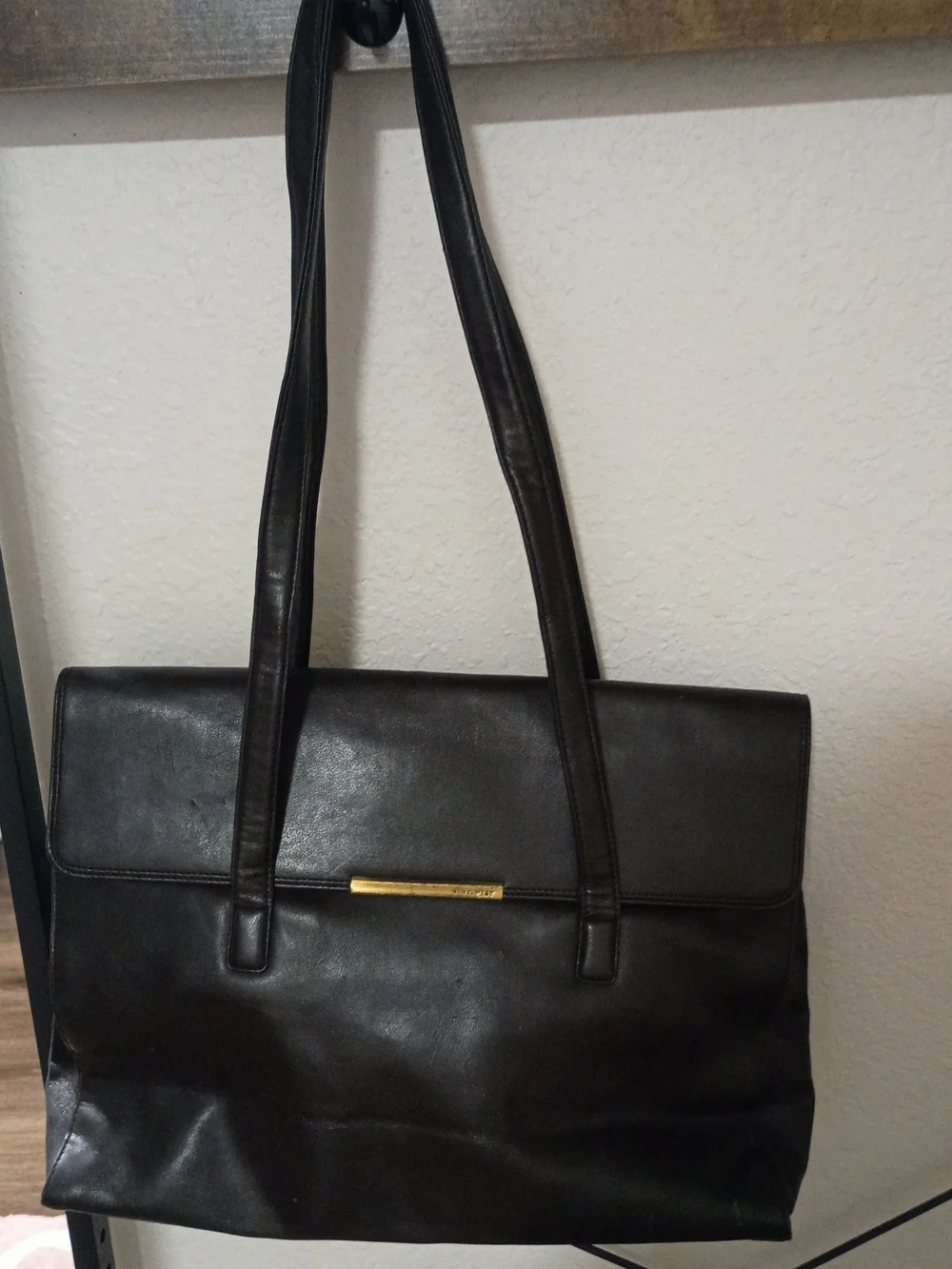 Nine West Classic Dark Brown Leather Laptop Tote Bag/Work Bag with Gold Accent